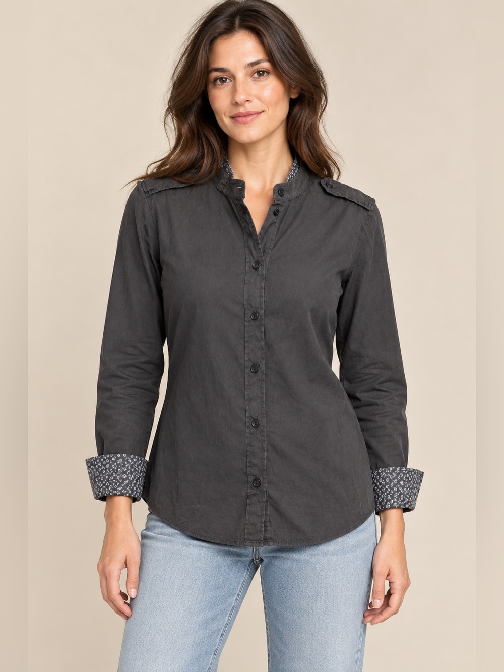 Emporio Armani Black Floral Cuff Button Front Shirt US 8 Made in Italy